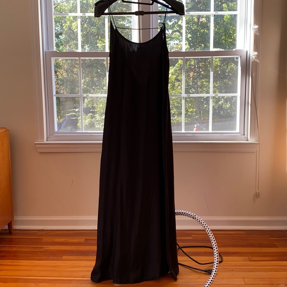 Swildens silk black column dress with red tassel on back